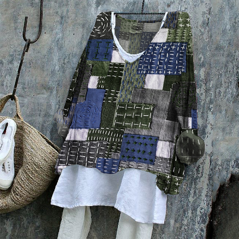 Japanese Sashiko Art Stitched Linen Blend Tunic Japanese Sashiko Art Stitched Linen Blend Tunic