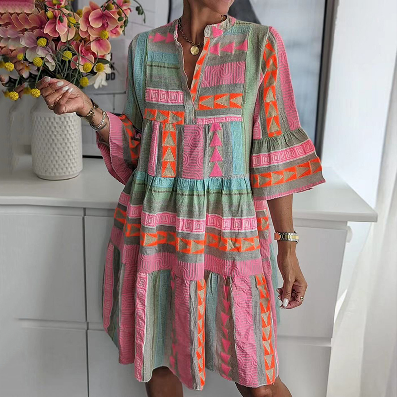 Vintage Geometric Color Block Bohemian Patchwork Sleeveless Colorful Standing Collar Dress