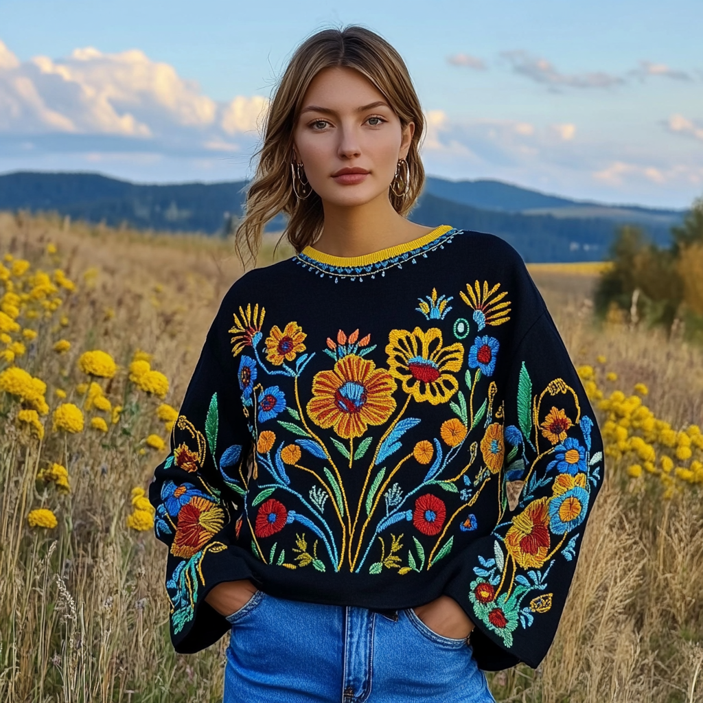 Ukrainian Folk Floral Embroidery Art Linen Crew Neck Shirt