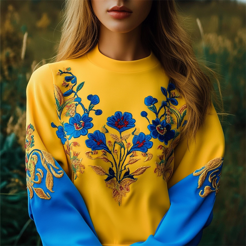 Ukraine Ethnic Floral Embroidered Contrast Color Sweatshirt
