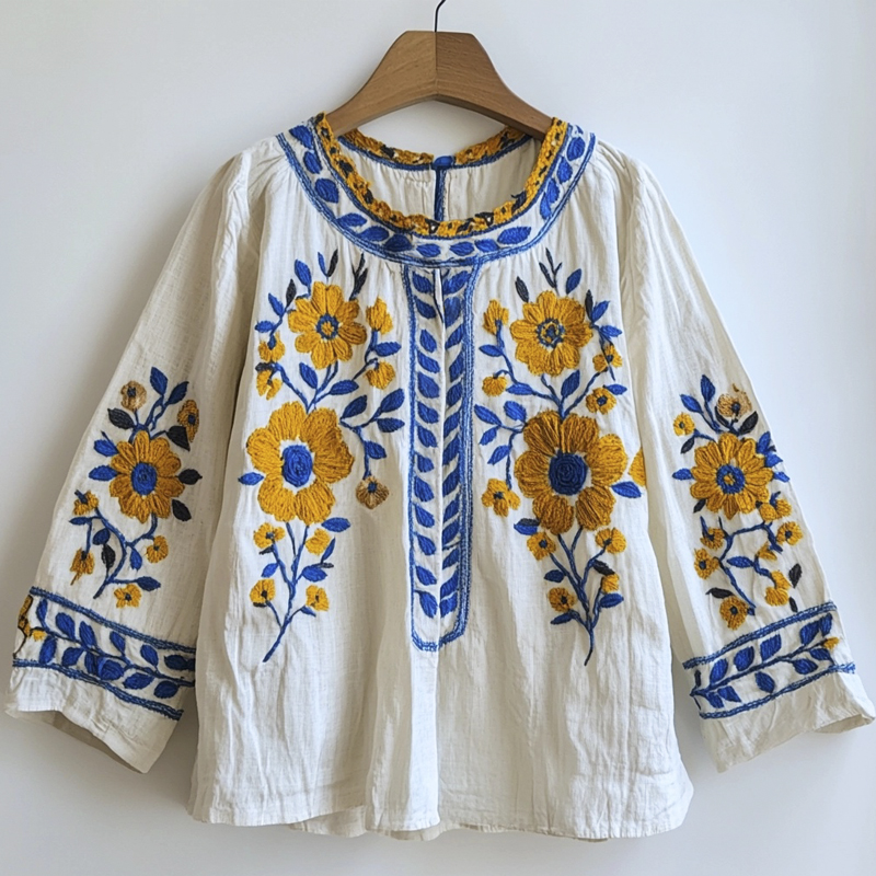 Ethnic Floral Embroidery Art Women's Linen Shirt Ethnic Floral Embroidery Art Women's Linen Shirt