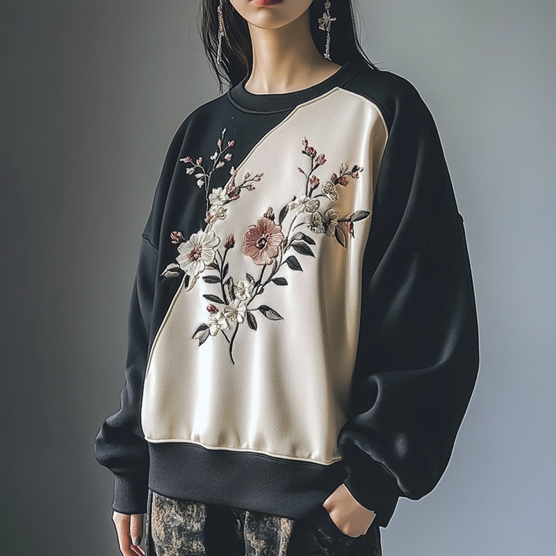 Handmade Floral Embroidery Color Clash Women's Loose Sweatshirt Handmade Floral Embroidery Color Clash Women's Loose Sweatshirt