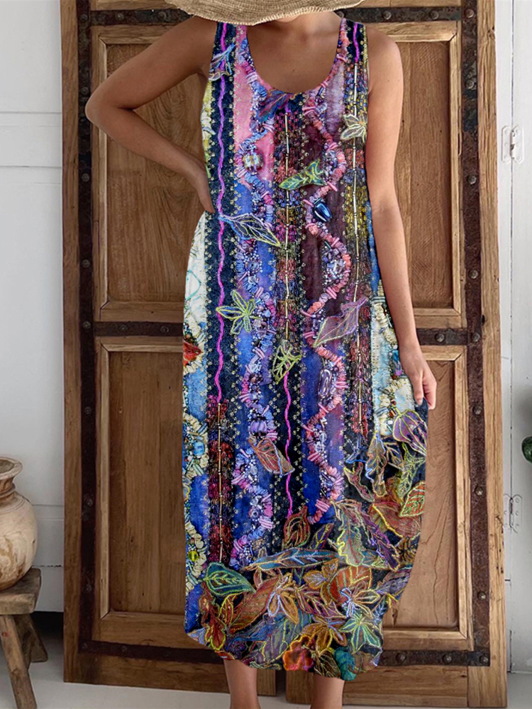 Vintage Boho Floral Embroidered Linen Tank Dress