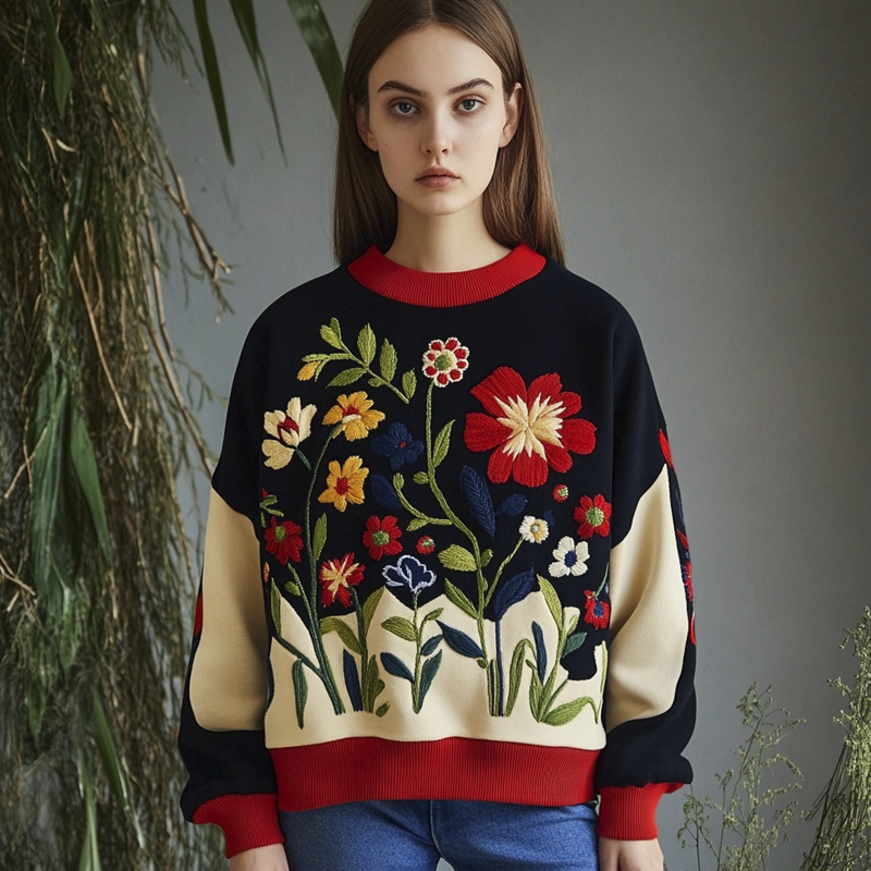Colorful Floral Embroidery Women's Crew Neck Sweatshirt Colorful Floral Embroidery Women's Crew Neck Sweatshirt