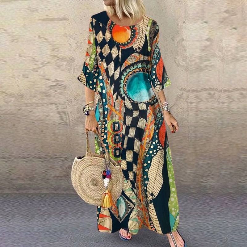 Vintage Geometric Abstract Art Women's Linen Maxi Dress Vintage Geometric Abstract Art Women's Linen Maxi Dress