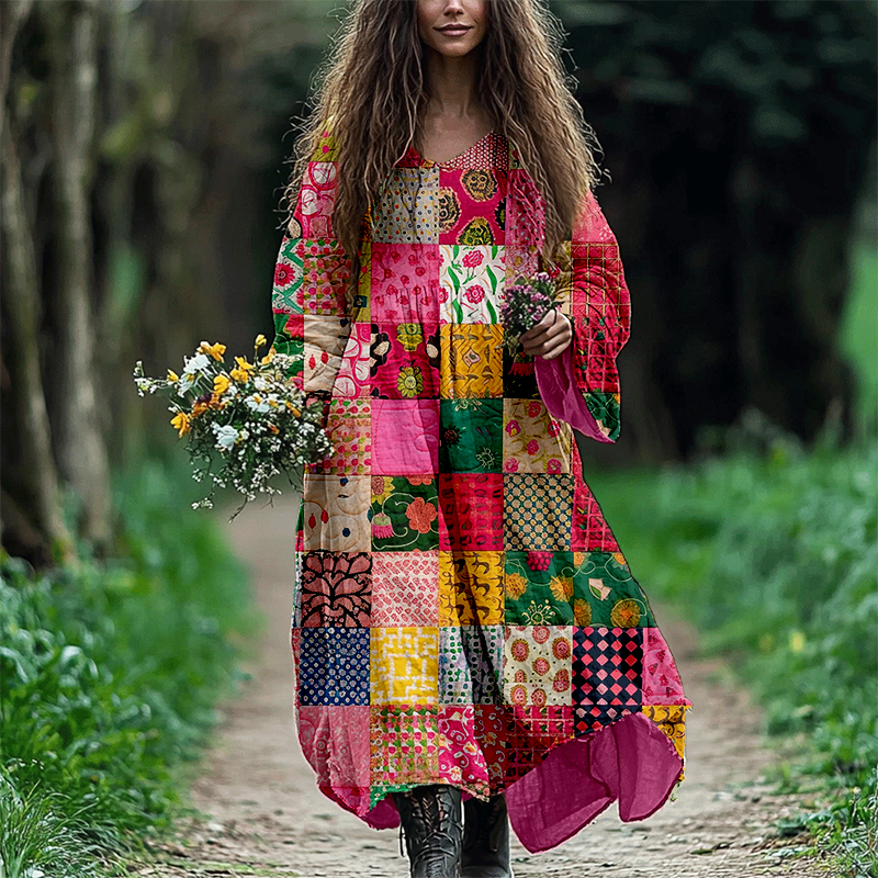 Bohemian Patchwork Art Pattern Flowy Linen Dress