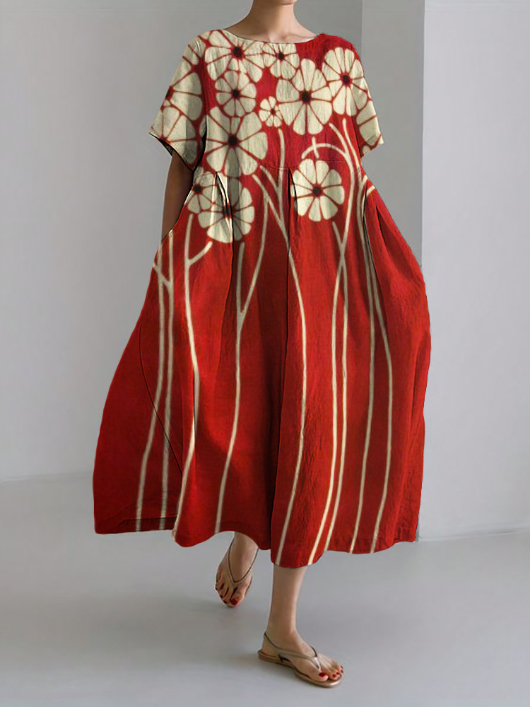 Classy Flowers Japanese Art Linen Blend Maxi Dress