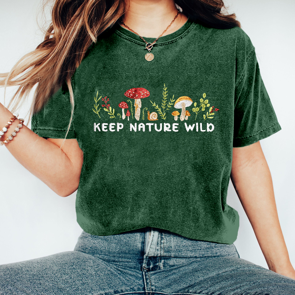 Keep Nature Wild Mushroom Embroidered Washed T Shirt Keep Nature Wild Mushroom Embroidered Washed T Shirt