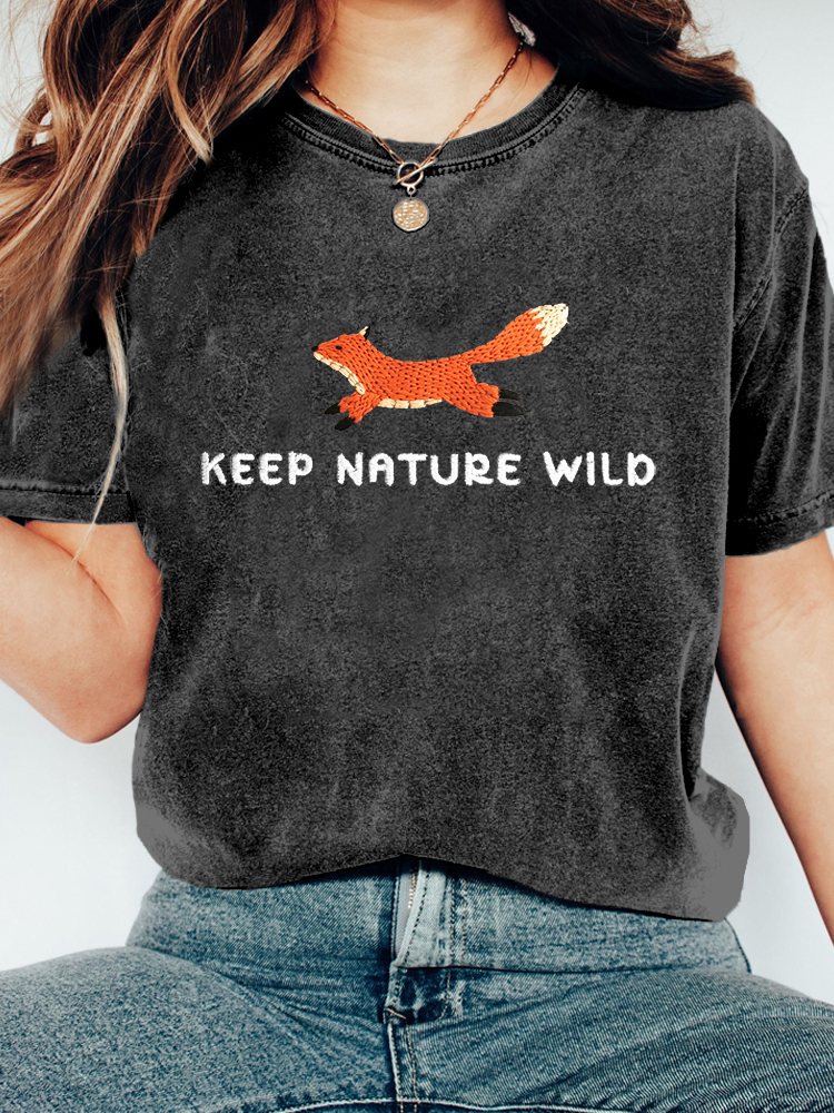 Keep Nature Wild Fox Embroidered Washed T Shirt Keep Nature Wild Fox Embroidered Washed T Shirt