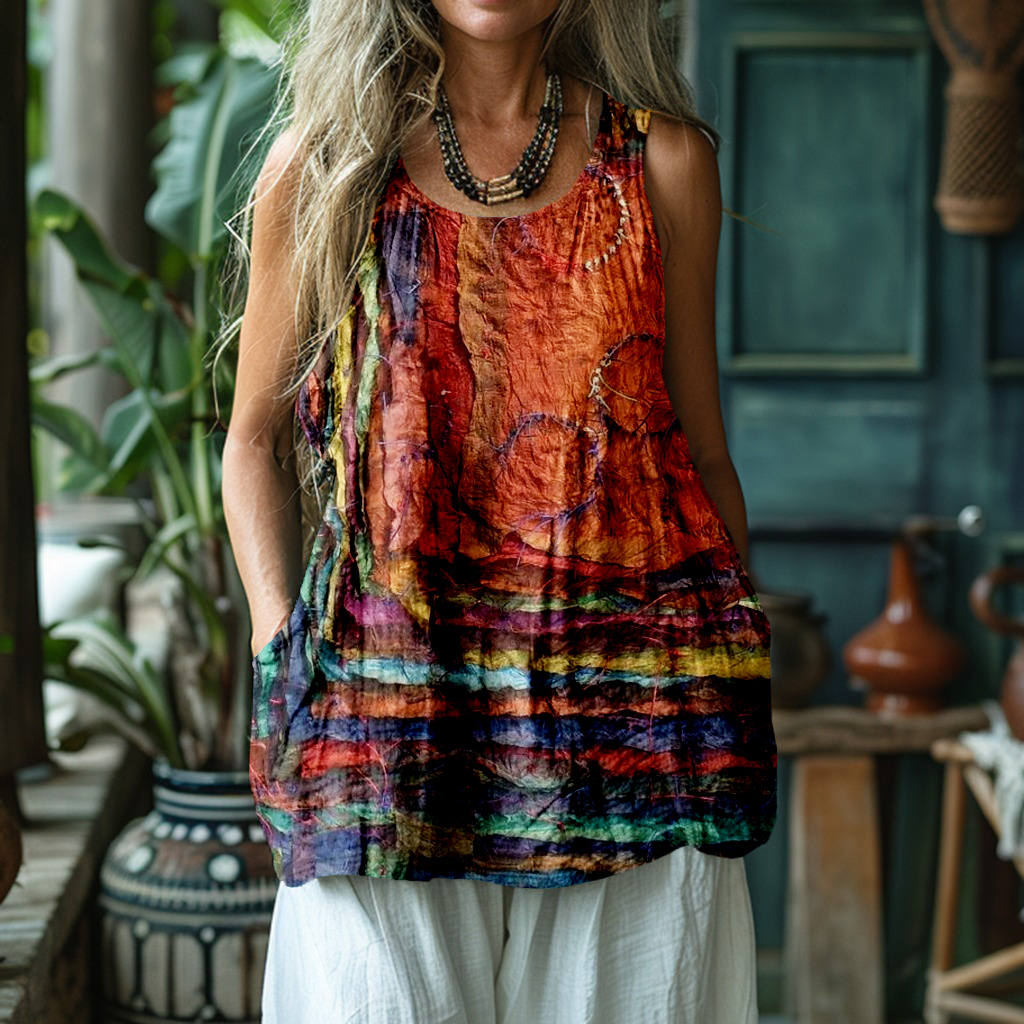 Colorful Boho Patchwork Flowy Linen Tank Top