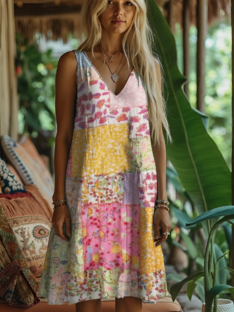 Rustic Floral Print Women's Linen Vest Dress