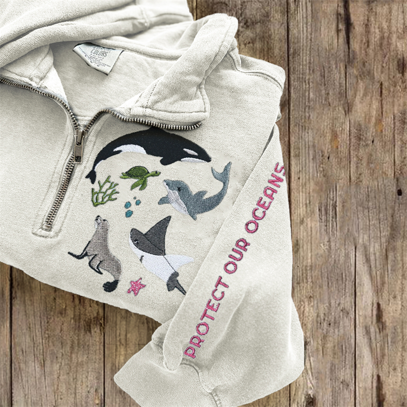 Protect Our Oceans Marine Animals Embroidered Zip Up Sweatshirt