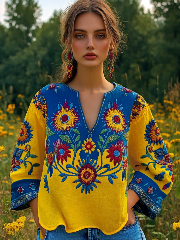 Ukrainian Folk Floral Embroidery V-neck Linen Shirt