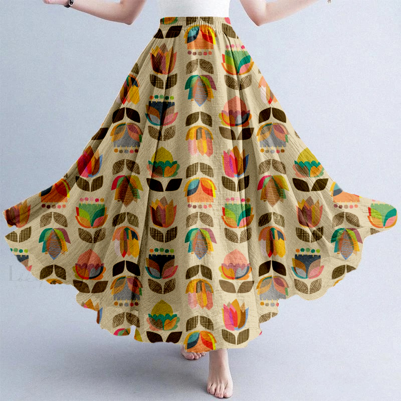 Retro Color Block Flowers Abstract Art Linen Blend Skirt Retro Color Block Flowers Abstract Art Linen Blend Skirt