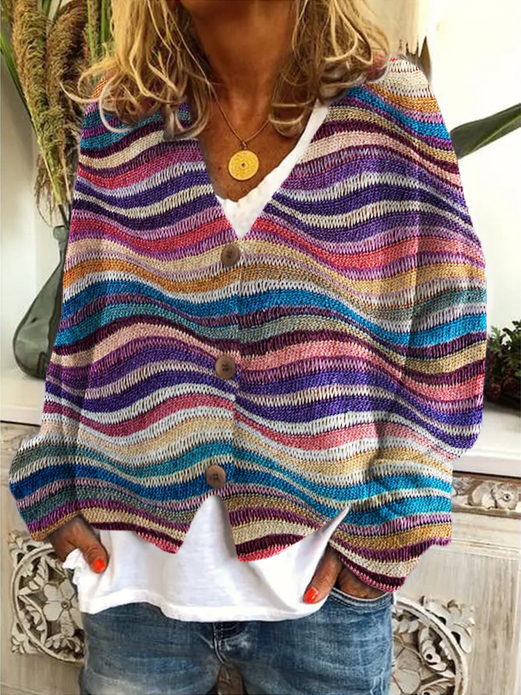 Colorful Sea Waves Knit Art Cozy Cardigan Colorful Sea Waves Knit Art Cozy Cardigan