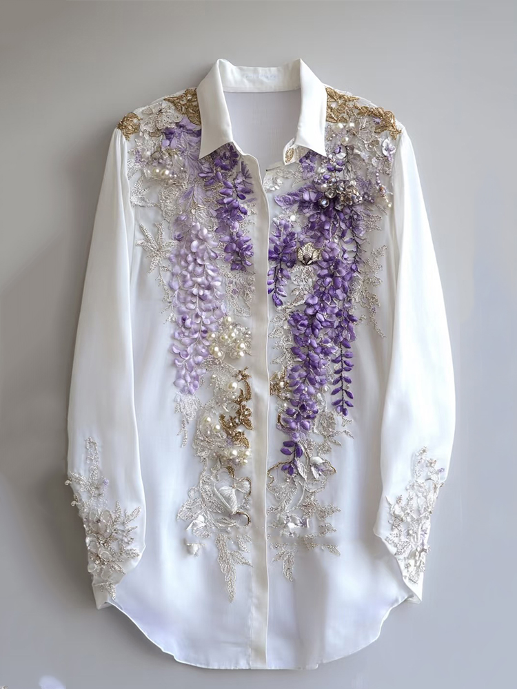 Women's Purple Floral Embroidered Art Linen Blend Shirt Women's Purple Floral Embroidered Art Linen Blend Shirt