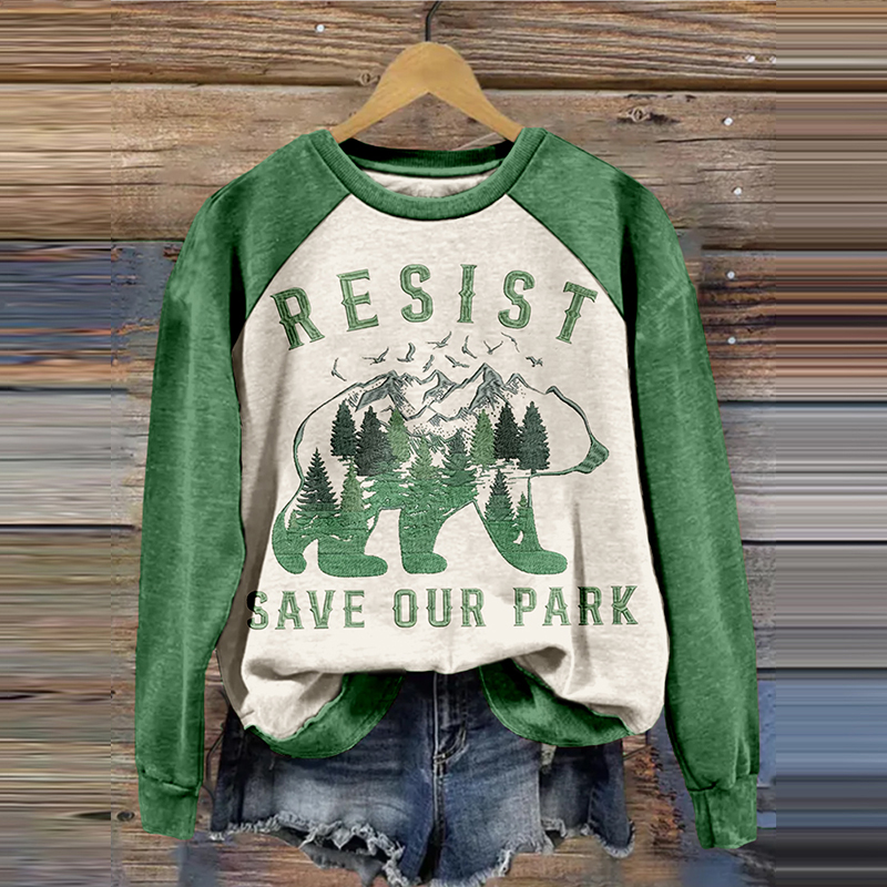 Resist Save Our Park Embroidered Contrast Color Washed Sweatshirt Resist Save Our Park Embroidered Contrast Color Washed Sweatshirt