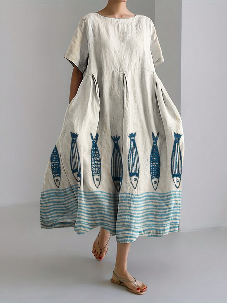 Fish Sea Waves Japanese Lino Art Bottom Linen Blend Maxi Dress