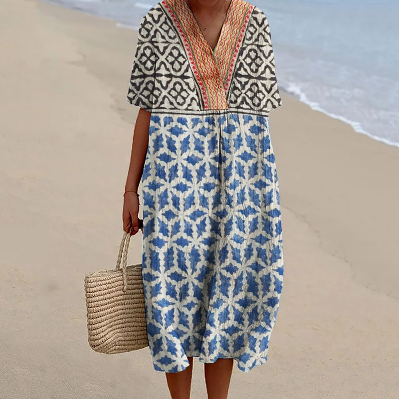 Indigo Ethnic Geometric Natural Block Print Flowy Linen Dress Indigo Ethnic Geometric Natural Block Print Flowy Linen Dress