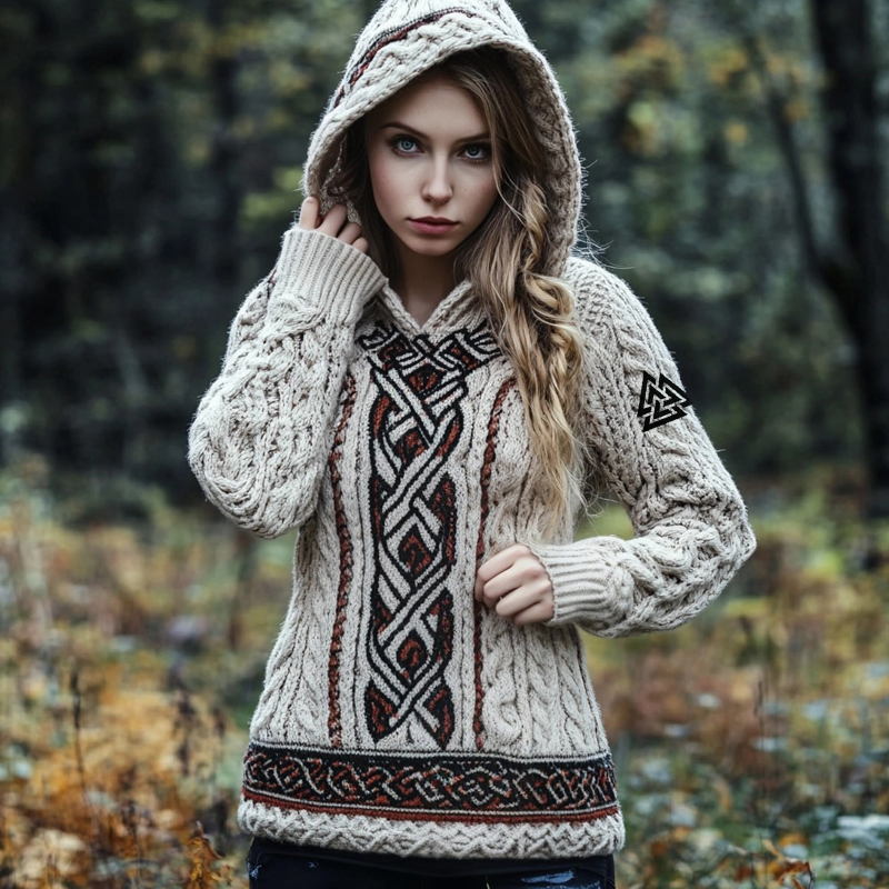 Viking Valknut Embroidered Retro Jacquard Cozy Hooded Sweater Viking Valknut Embroidered Retro Jacquard Cozy Hooded Sweater