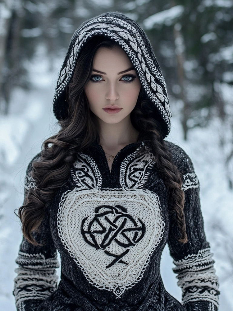 Women's Tribal Style Jacquard Cozy Knit Hooded Sweater