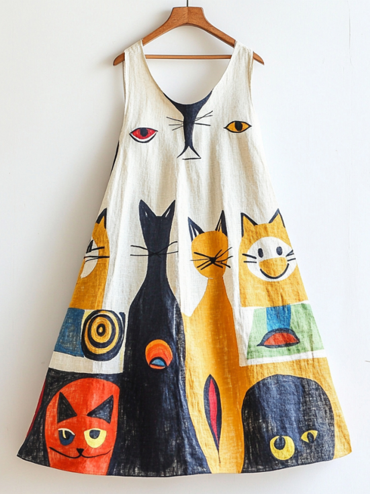 Fun Cat Geometric Art Flowy Linen Tank Dress