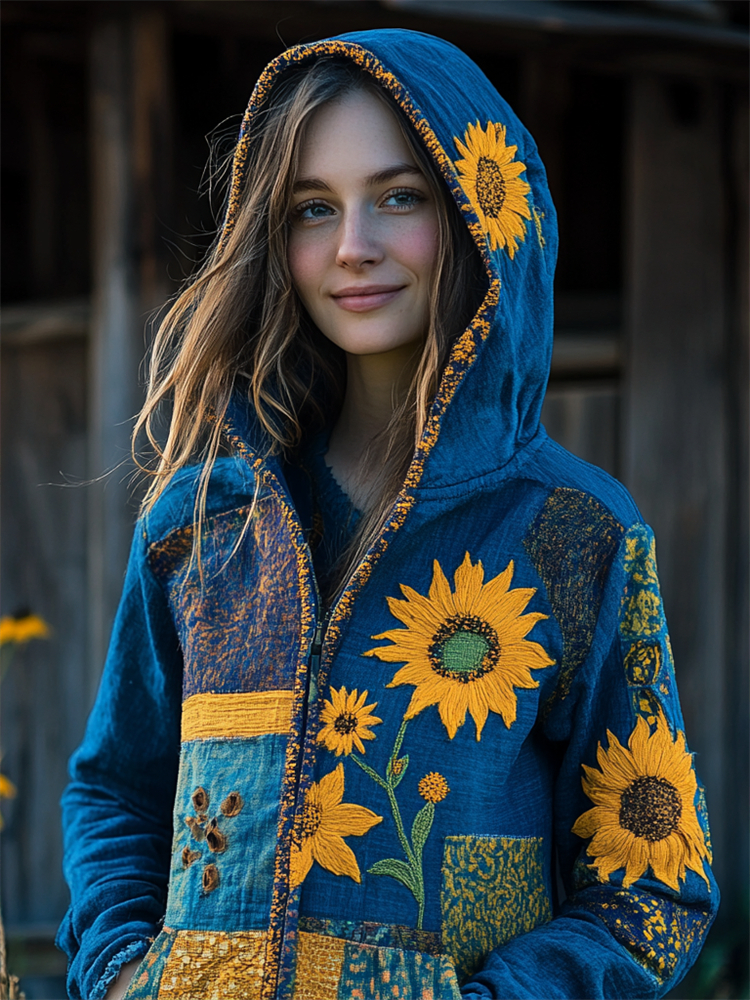 Ukraine Ethnic Sunflowers Embroidered Patchwork Full Zip Hoodie