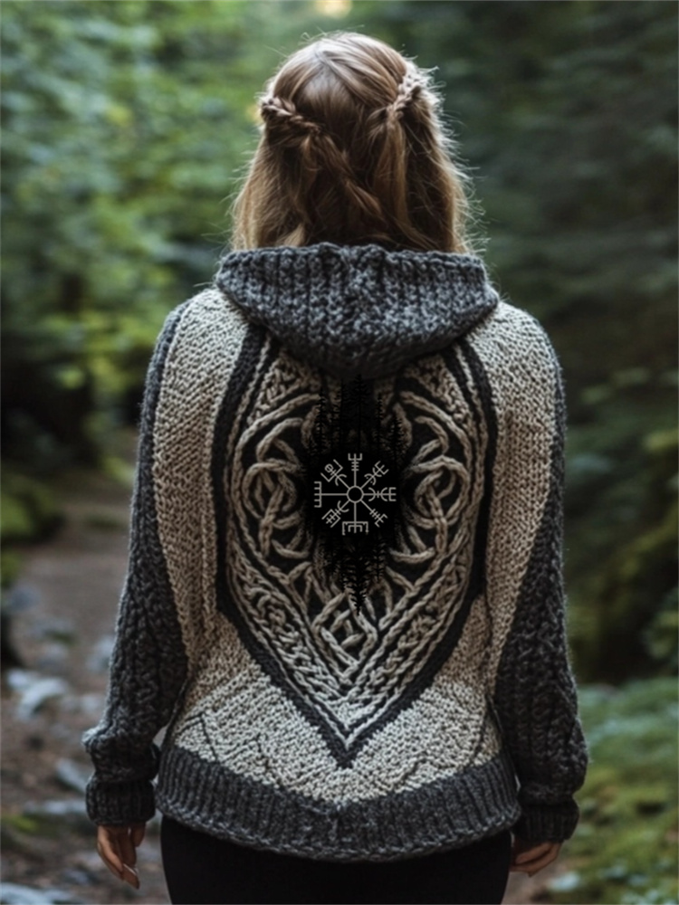 Vintage Viking Vegvisir Celtic Cozy Chunky Hooded Cardigan