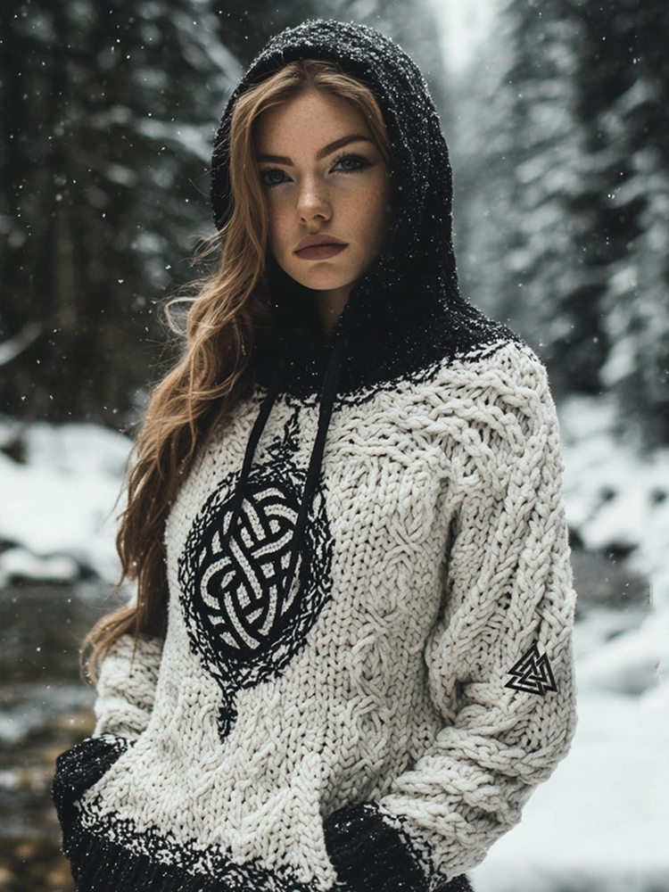 Women's Viking Tribal Jacquard Celtic Chunky Inspired Knit Hooded Sweater
