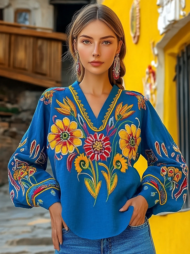 Ukrainian Folk Floral Embroidery Linen V-neck Shirt
