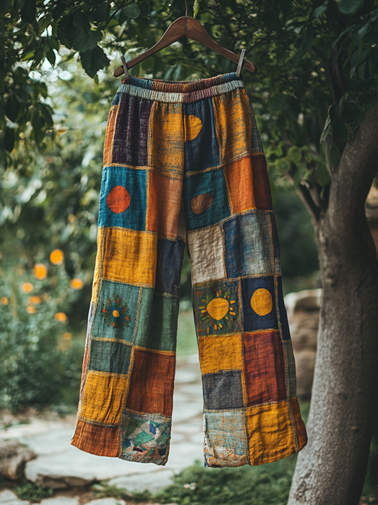 Vintage Color Block Linen Blend Loose Pants