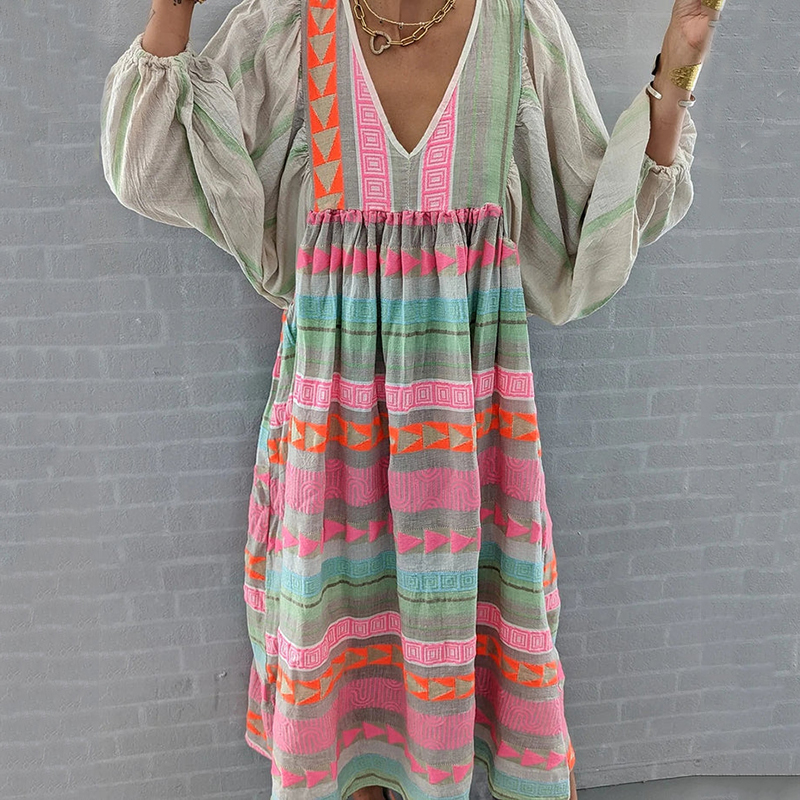 Vintage Colorful Linen Blend Midi Dress
