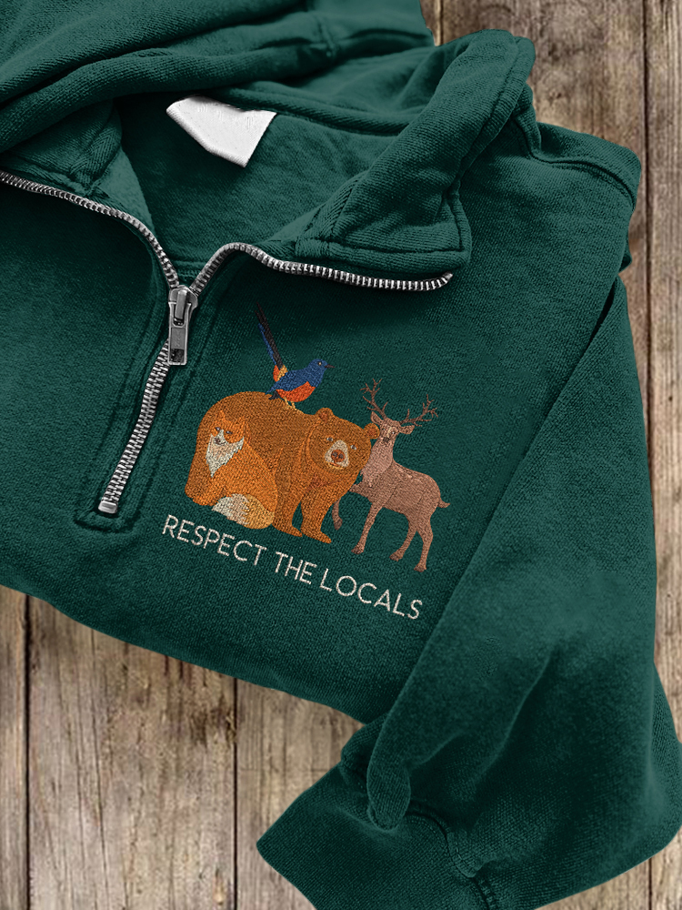 Respect The Locals Animal Embroidered Zipper Sweatshirt