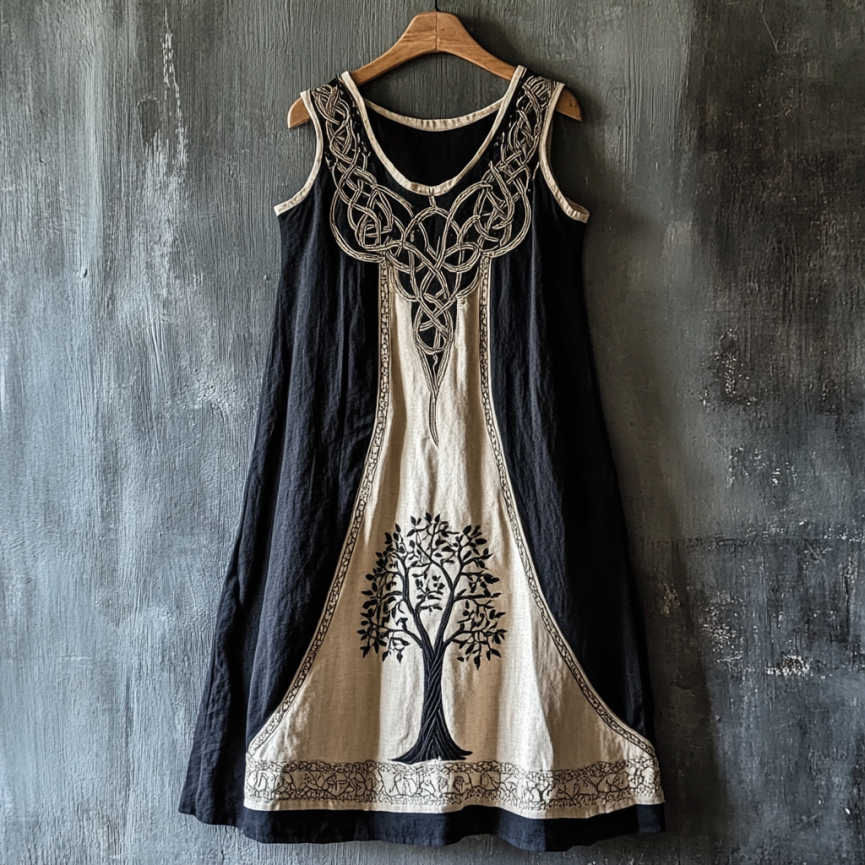 Vintage Viking Tree Of Life Art Linen Sleeveless Maxi Dress