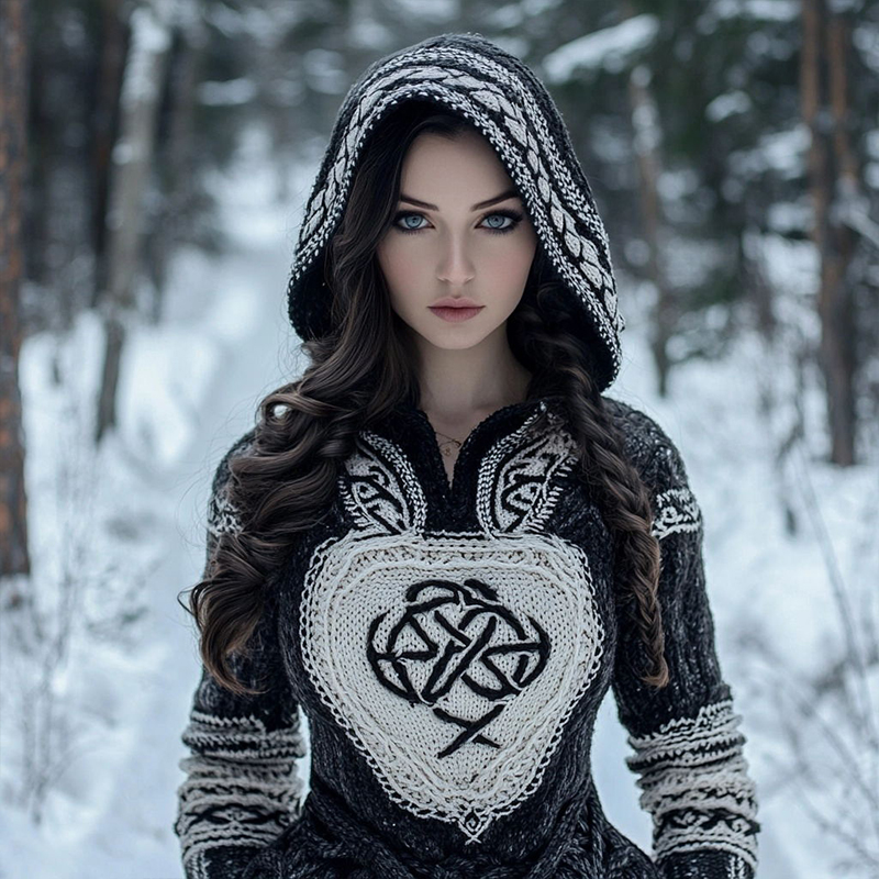 Women's Tribal Style Jacquard Cozy Knit Hooded Sweater