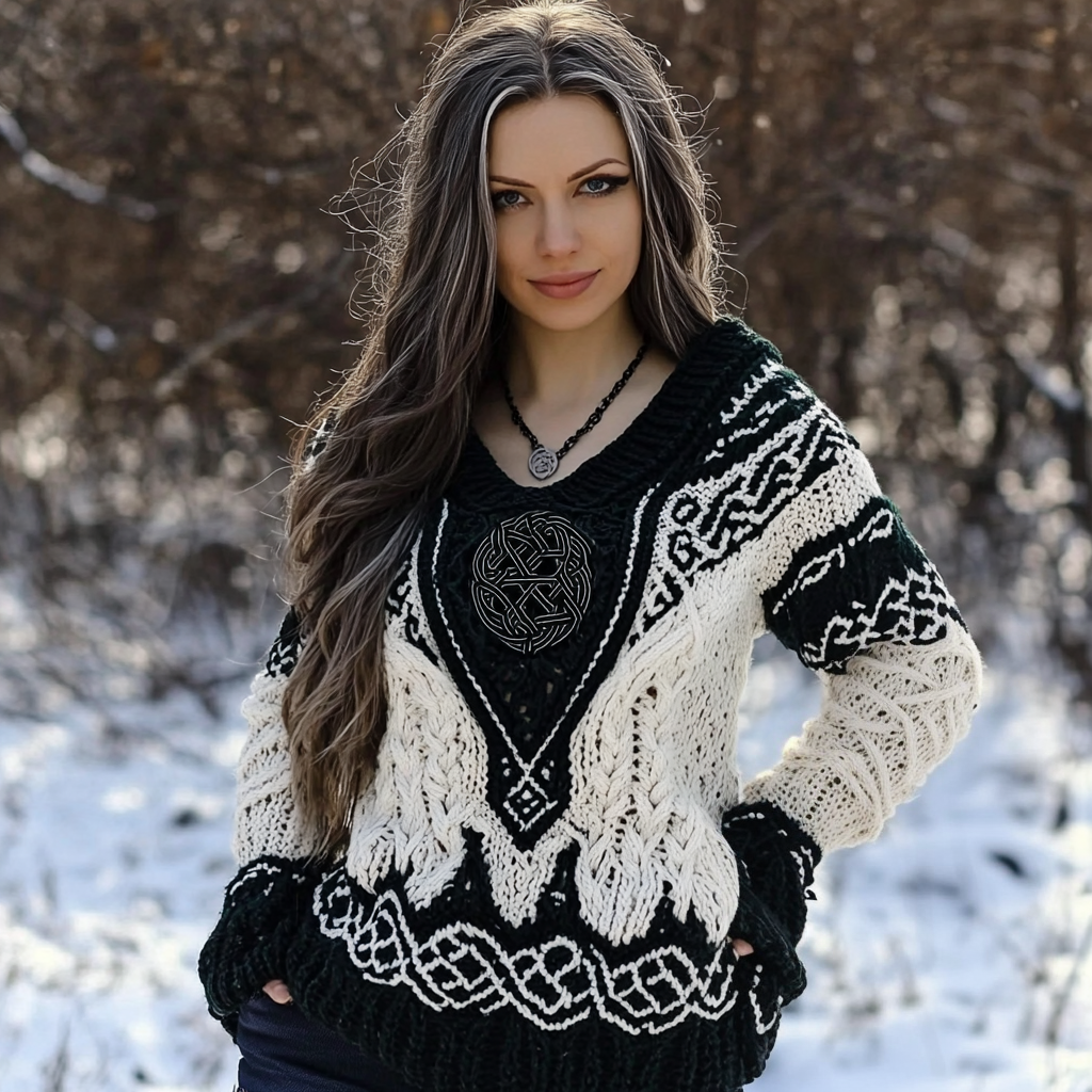 Women's Viking Rune Knit Jacquard V-neck Sweater