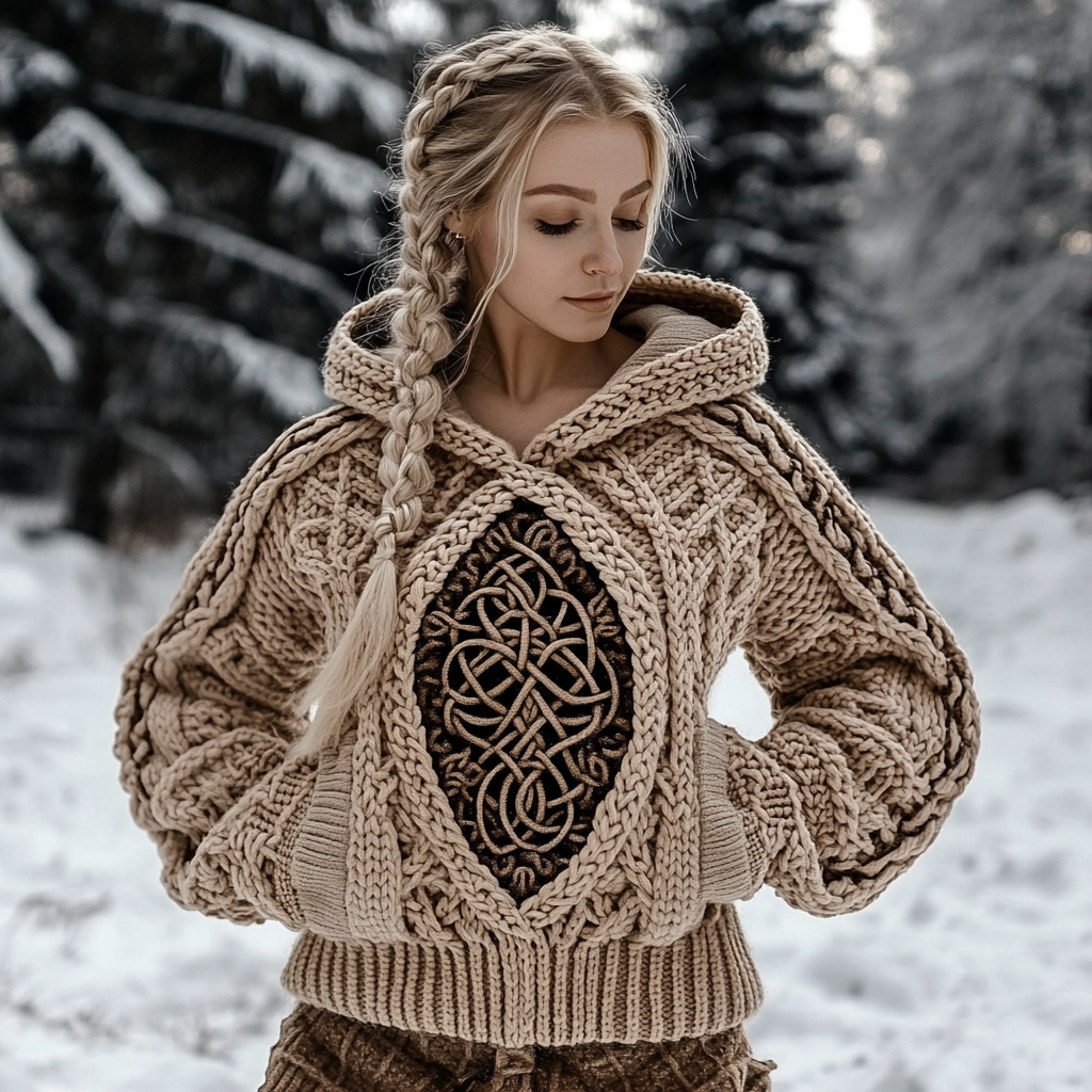 Women's Viking Tree Of Life Jacquard Celtic Knit Hooded Sweater Women's Viking Tree Of Life Jacquard Celtic Knit Hooded Sweater