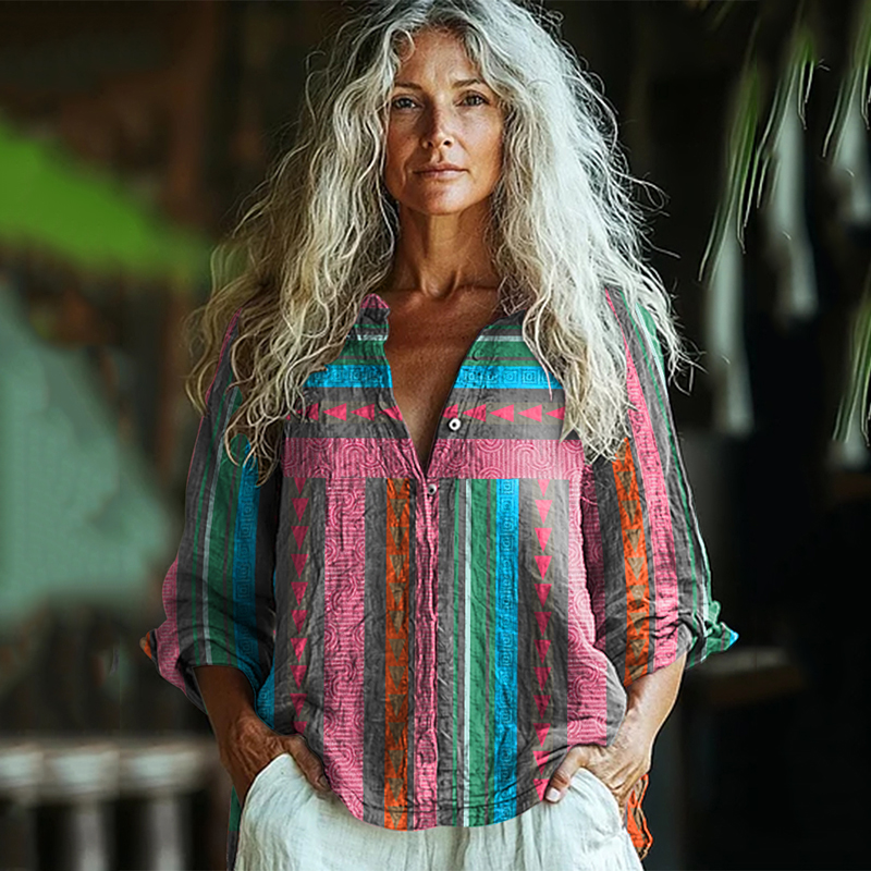 Bohemian Geometric Color Block Patchwork Sleeveless Colorful Art Print Long Sleeve Shirt