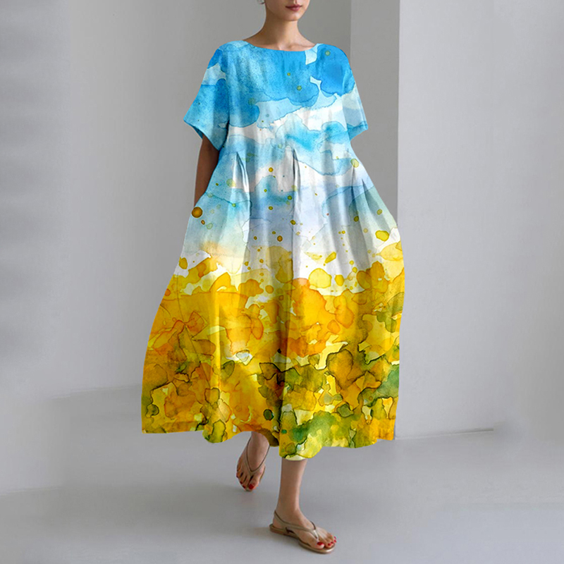 Ukrainian Abstract Sunflowers Art Linen Blend Maxi Dress