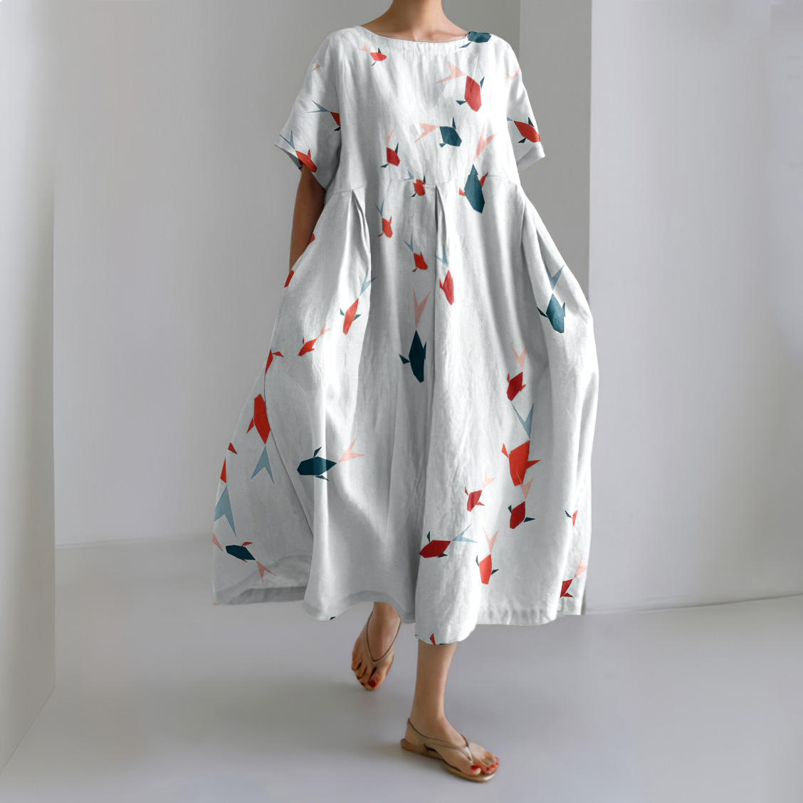 Fish Print Round Neck Short Sleeve Loose Midi Dress Fish Print Round Neck Short Sleeve Loose Midi Dress