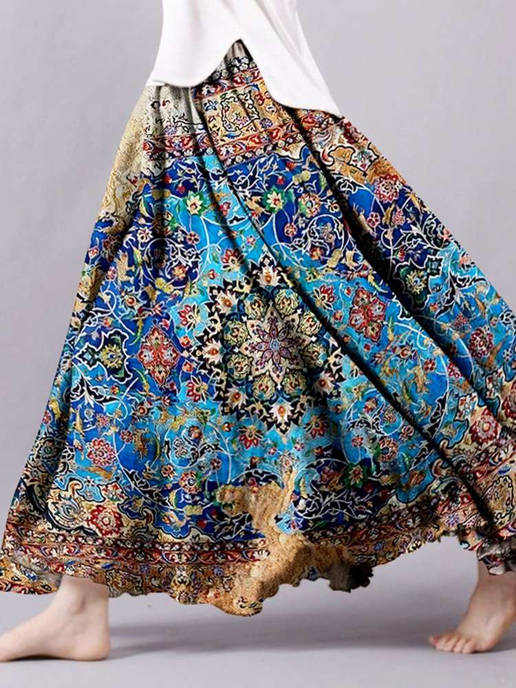 Vintage Bohemian Floral Geometric Patchwork Linen Skirt