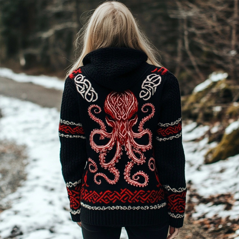 Cthulu Celtic Cozy Jacquard Chunky Hooded Cardigan Cthulu Celtic Cozy Jacquard Chunky Hooded Cardigan