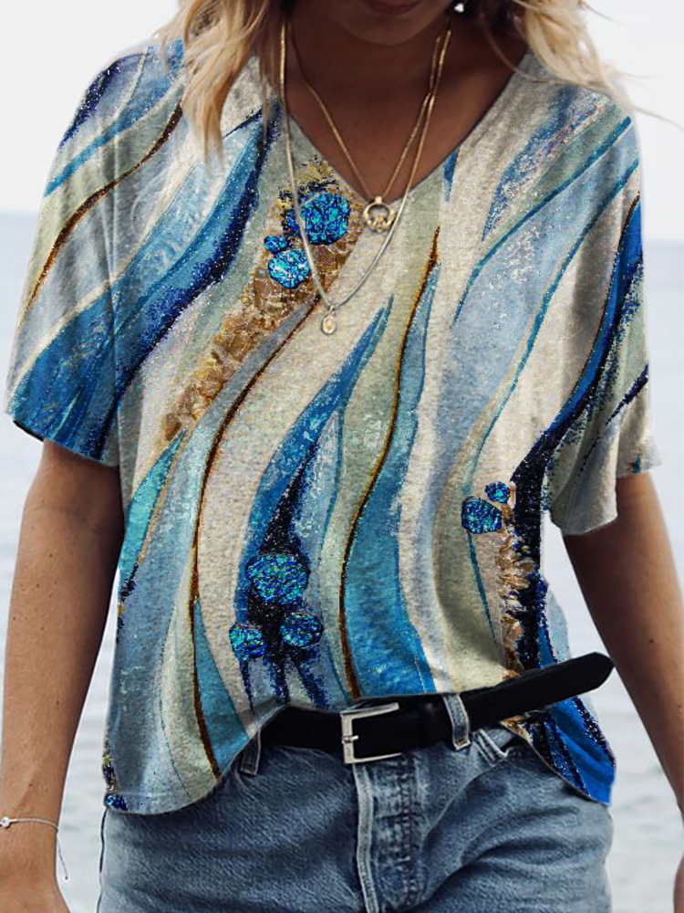 Abstract Sea Waves Glitter Art V Neck T Shirt