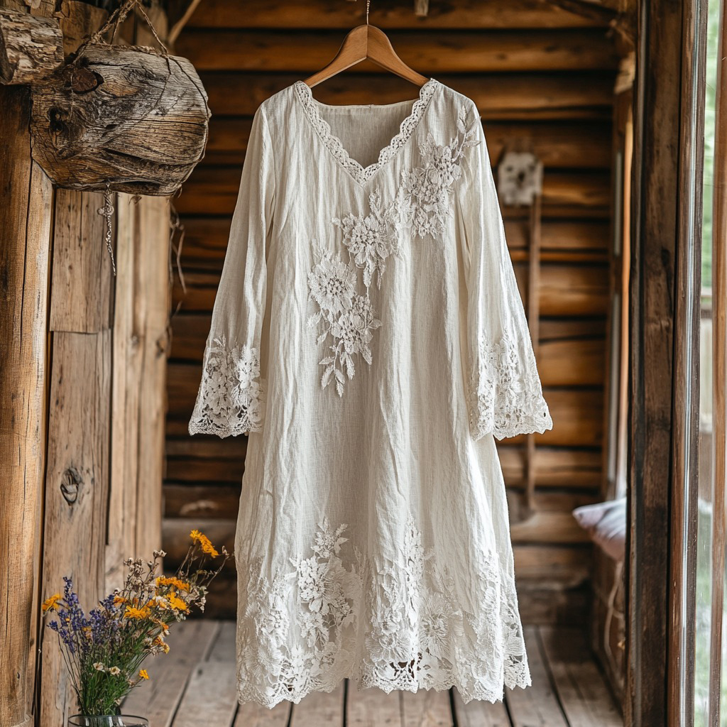 Retro Floral Embroidery Lace Art Linen Blend Maxi Dress Retro Floral Embroidery Lace Art Linen Blend Maxi Dress