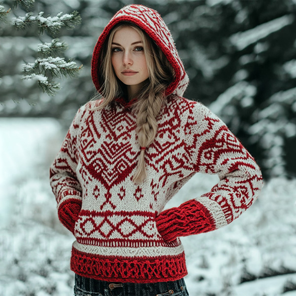 Women's Vintage Viking Valentine's Day Love Jacquard Hooded Sweater Women's Vintage Viking Valentine's Day Love Jacquard Hooded Sweater