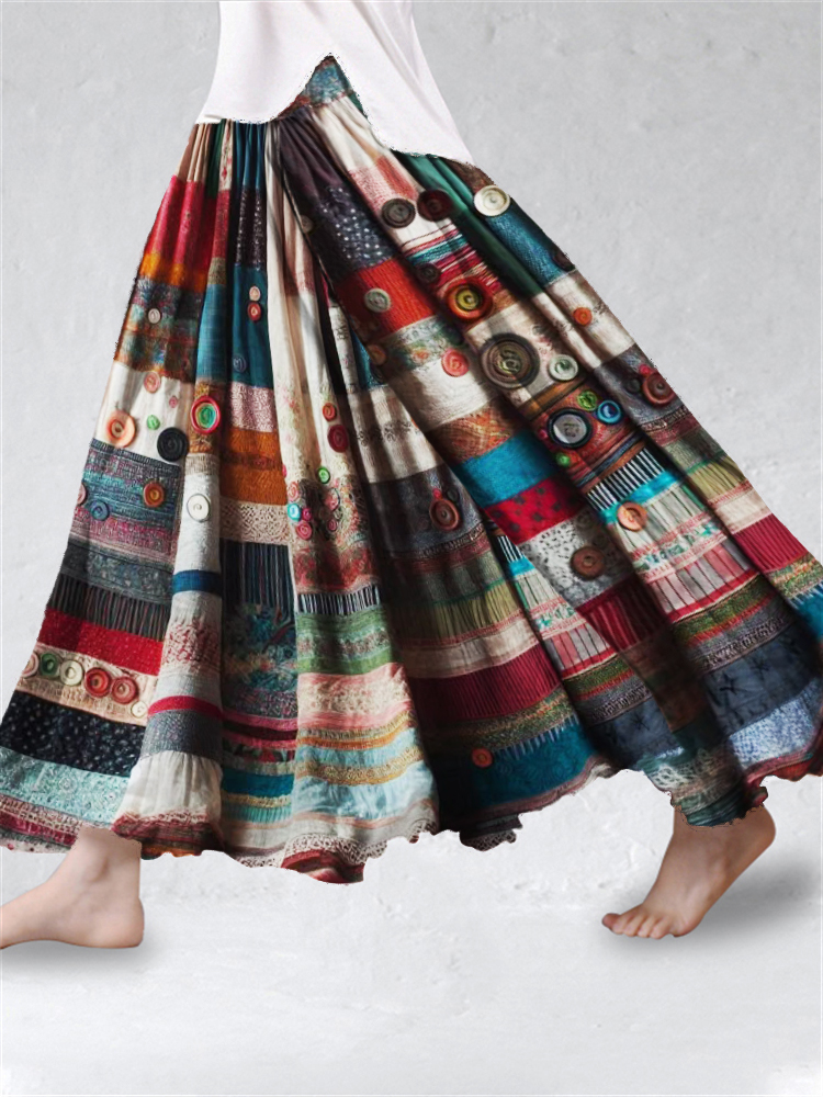 Vintage Boho Colorful Textile Flowy Wide Skirt