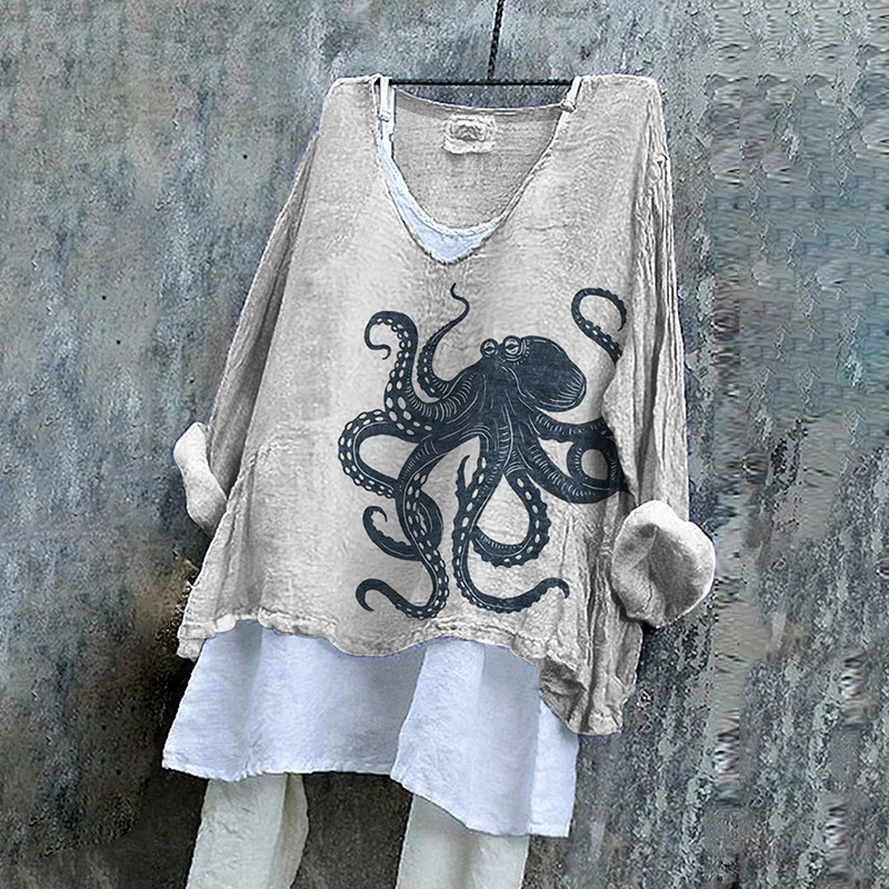 Vintage Japanese Art Octopus V Neck Linen Blend Shirt Vintage Japanese Art Octopus V Neck Linen Blend Shirt