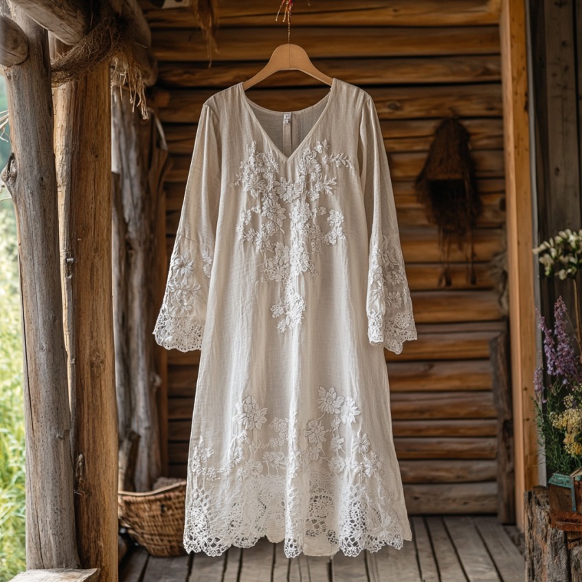 Floral Embroidery Lace Art Linen Blend Maxi Dress Floral Embroidery Lace Art Linen Blend Maxi Dress