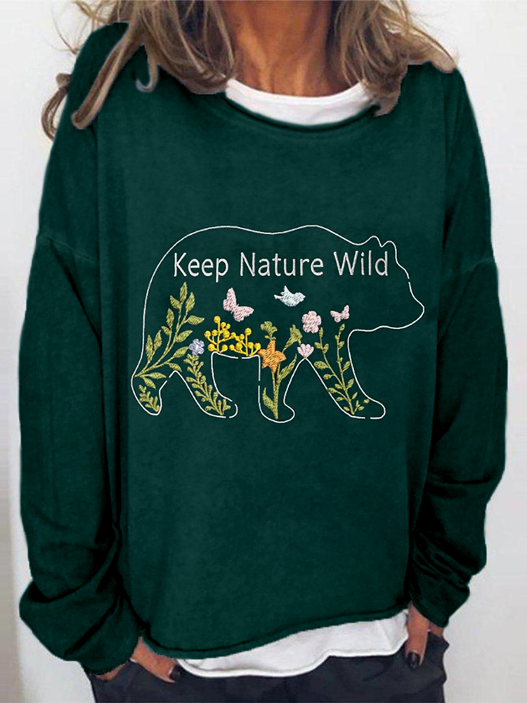 Keep Nature Wild Floral Bear Embroidered Comfy T Shirt