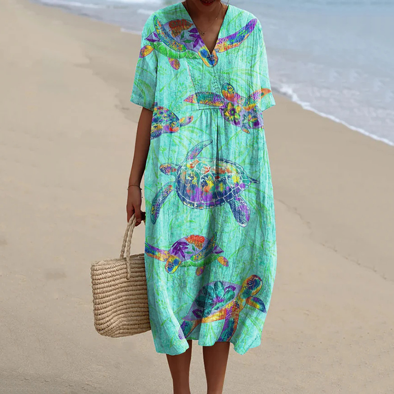 Women's Resort Collection Watercolor Turtle Pattern Pattern Casual Flowy Midi Dress